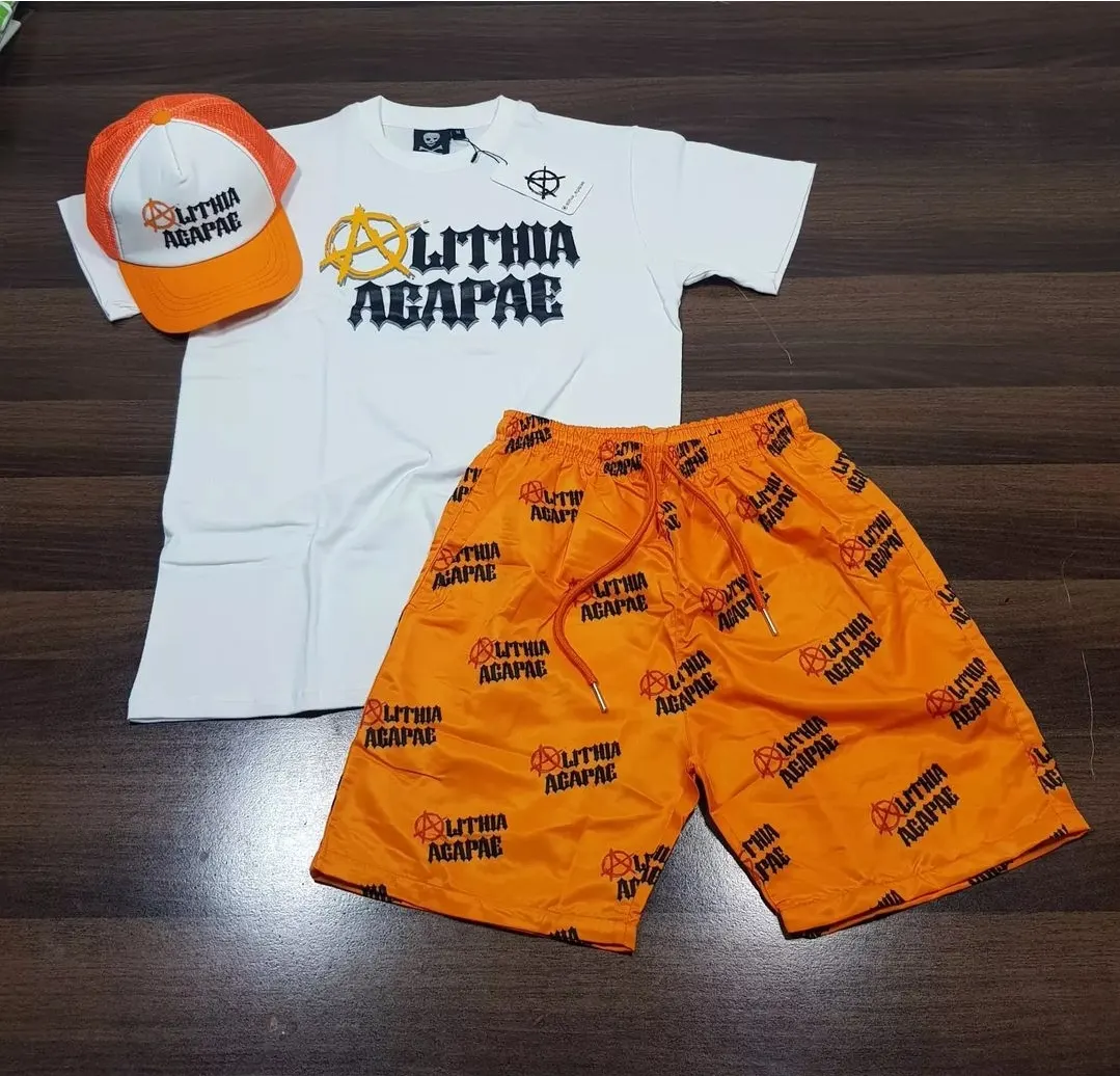 Custom T-shirt and orange printed shorts set made by Ravix Pro Industry clothing manufacturer in Sialkot, Pakistan