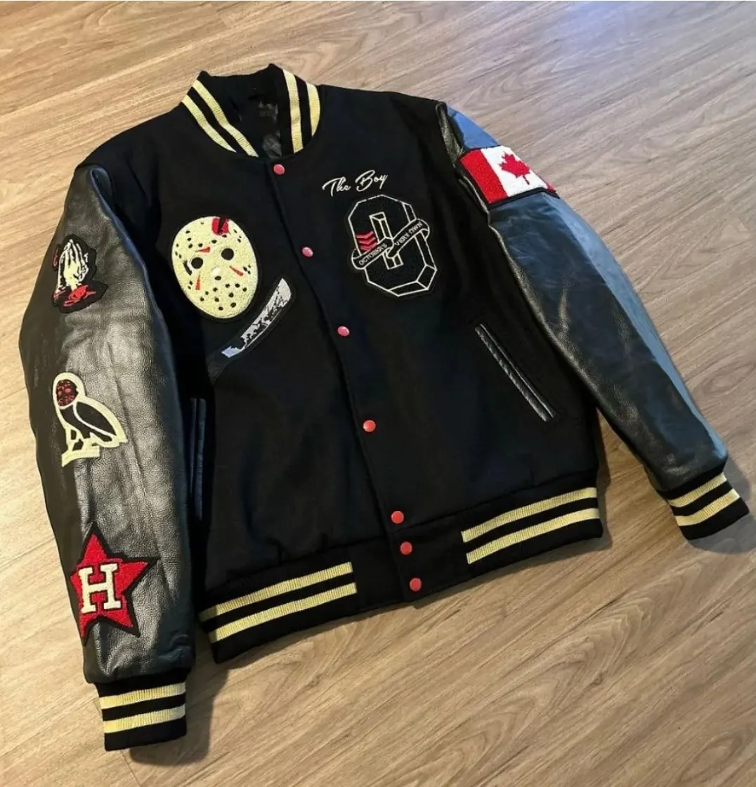 Custom varsity jacket with leather sleeves and patches made by Ravix Pro Industry clothing manufacturer in Sialkot, Pakistan