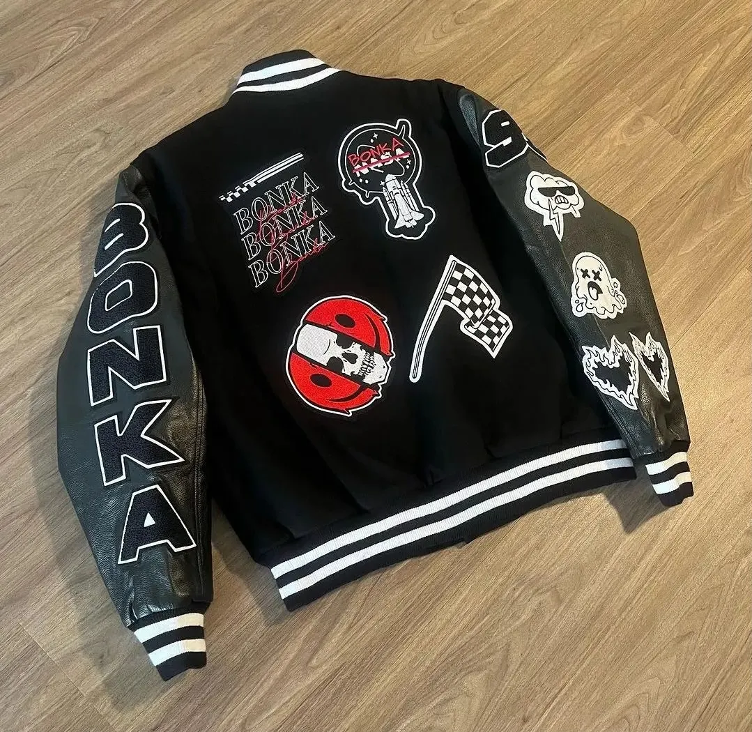 Custom varsity jacket with chenille and embroidered patches made by Ravix Pro Industry clothing manufacturer in Sialkot, Pakistan