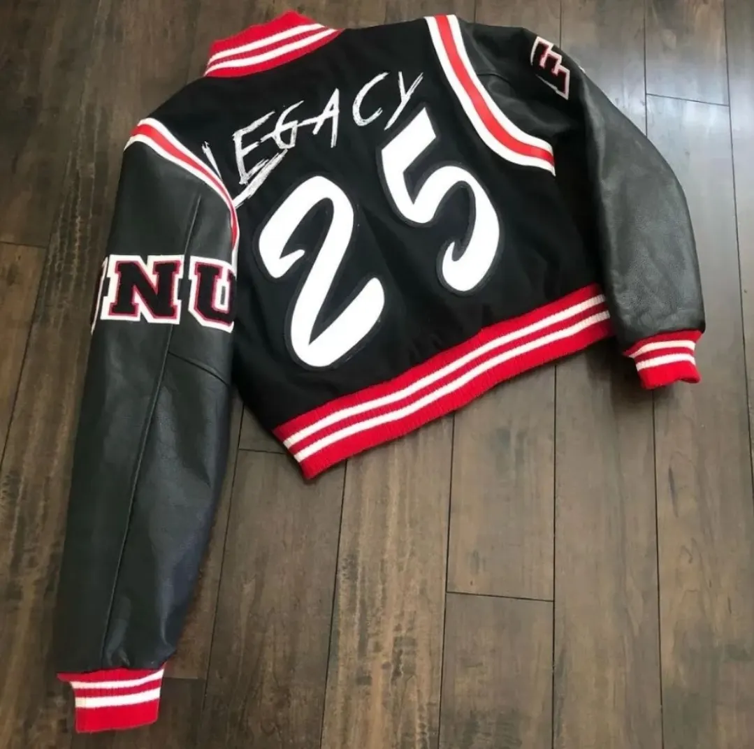 Custom varsity jacket with chenille numbers made by Ravix Pro Industry clothing manufacturer in Sialkot, Pakistan