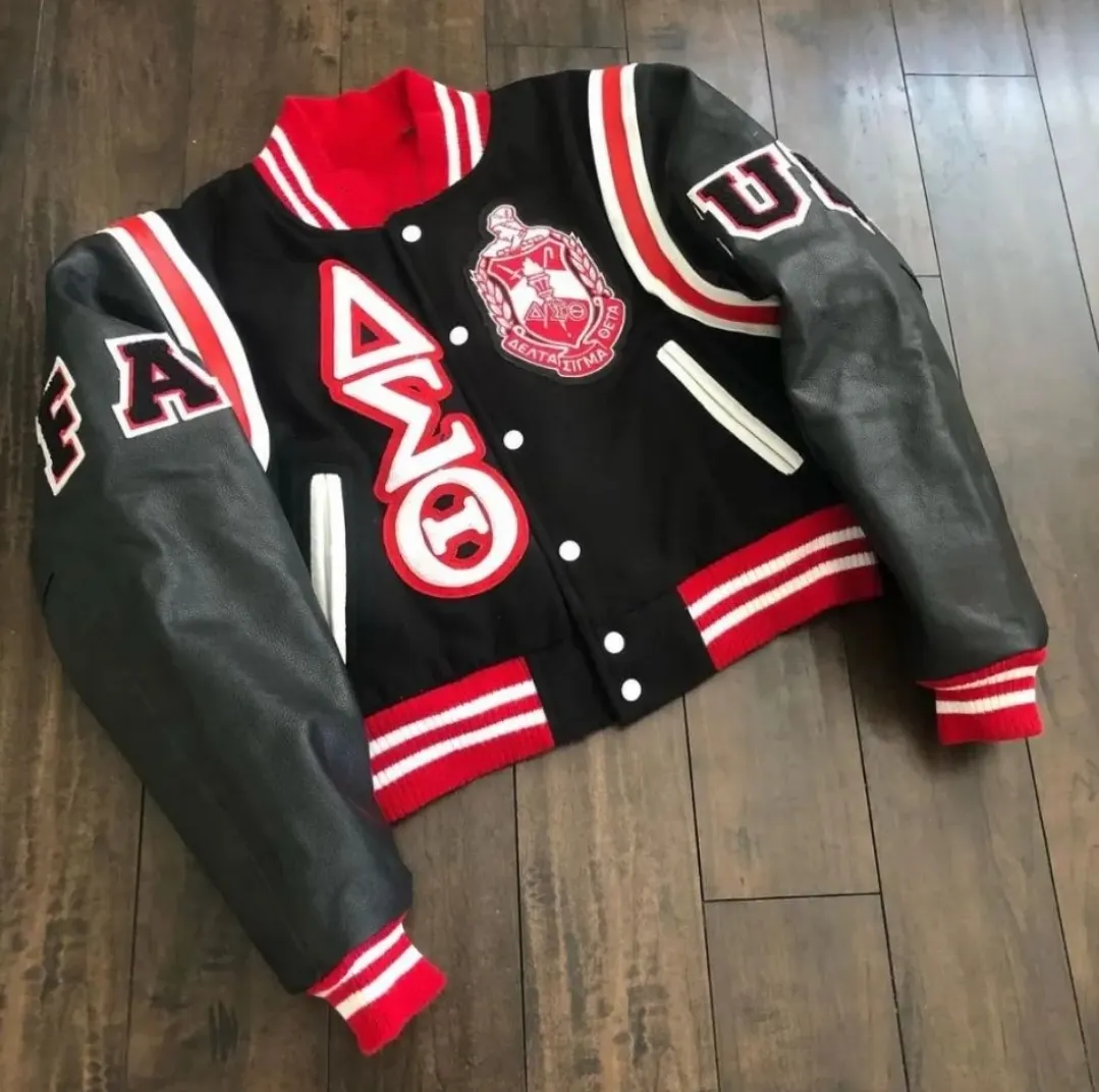 Custom sorority varsity jacket with chenille letters made by Ravix Pro Industry clothing manufacturer in Sialkot, Pakistan