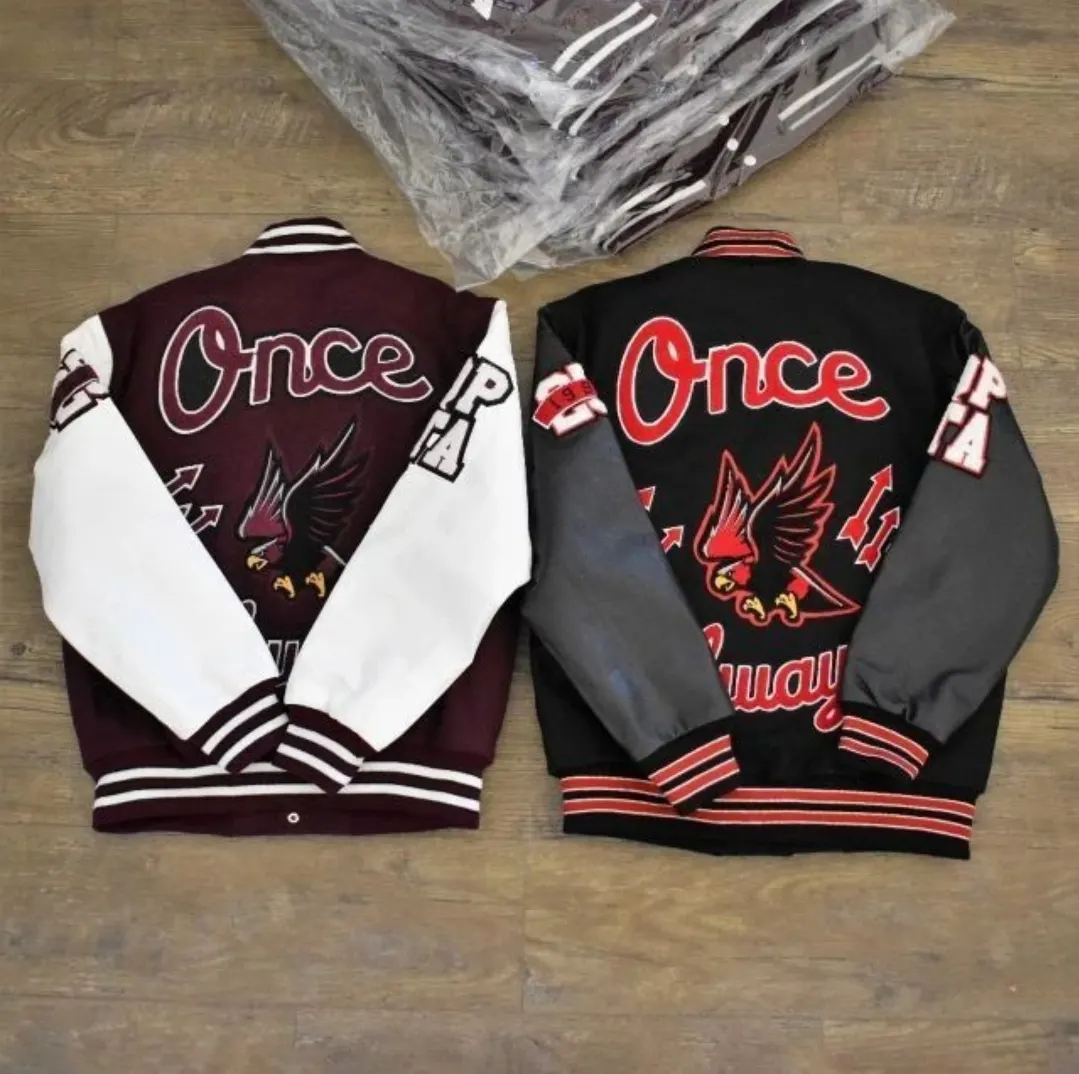 Custom varsity jackets with chenille lettering made by Ravix Pro Industry clothing manufacturer in Sialkot, Pakistan