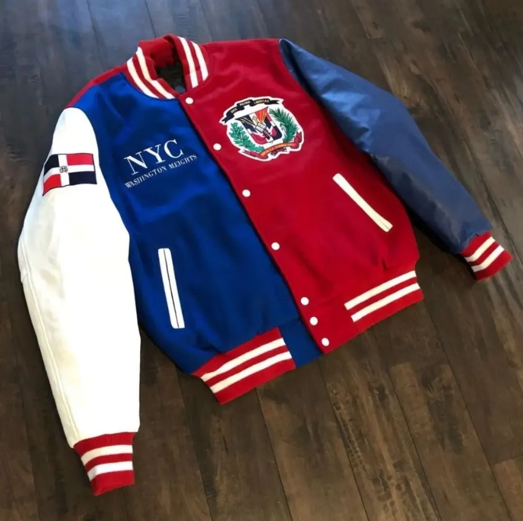 Custom varsity jacket with flag patches made by Ravix Pro Industry clothing manufacturer in Sialkot, Pakistan