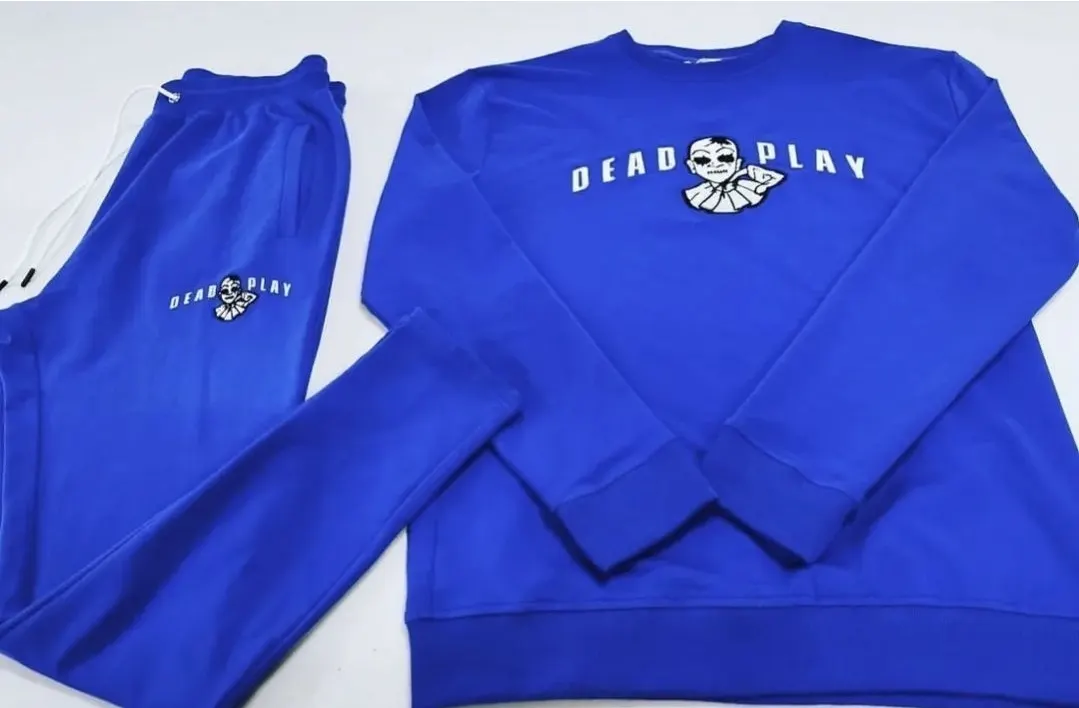Custom royal blue sweatshirt and joggers set made by Ravix Pro Industry clothing manufacturer in Sialkot, Pakistan