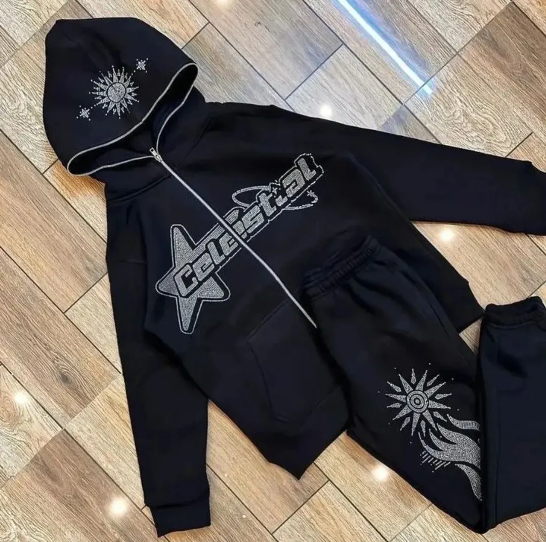 Custom black zip hoodie with rhinestone design made by Ravix Pro Industry clothing manufacturer in Sialkot, Pakistan