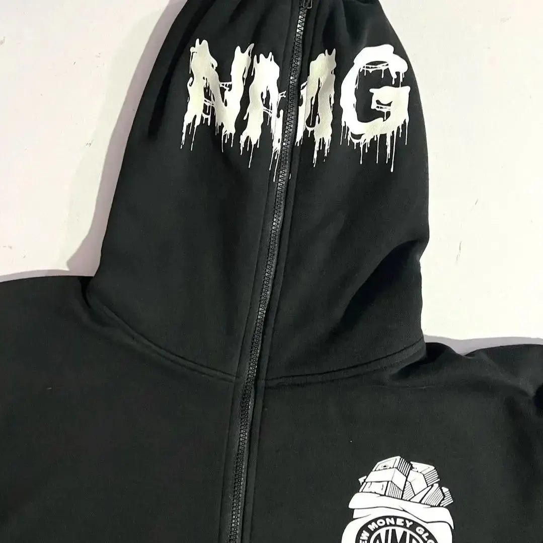 Custom black zip hoodie with puff print hood made by Ravix Pro Industry clothing manufacturer in Sialkot, Pakistan