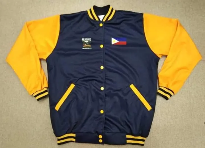 Custom navy and gold varsity jacket front view made by Ravix Pro Industry clothing manufacturer in Sialkot, Pakistan