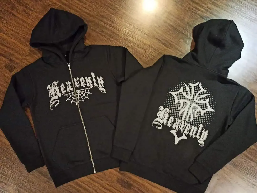 Custom black zip hoodie and hoodie with print made by Ravix Pro Industry clothing manufacturer in Sialkot, Pakistan