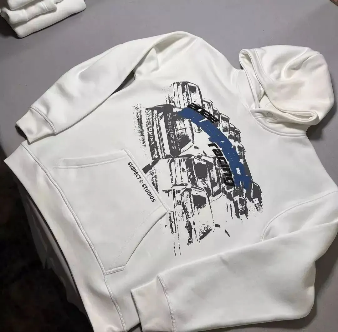 Custom white hoodie with graphic print made by Ravix Pro Industry clothing manufacturer in Sialkot, Pakistan