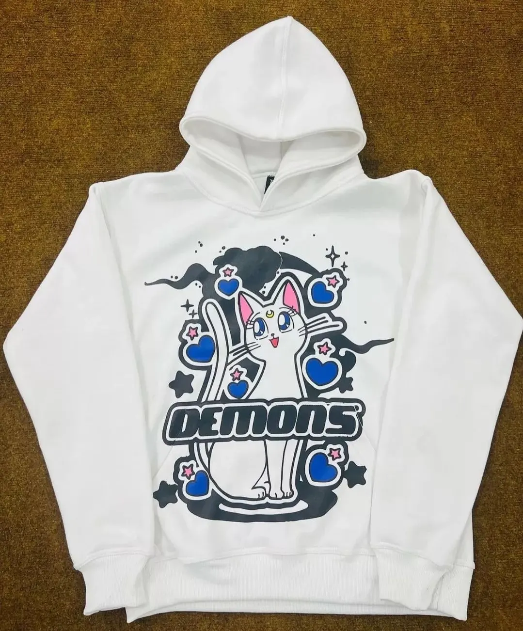 Custom white hoodie with full-front graphic made by Ravix Pro Industry clothing manufacturer in Sialkot, Pakistan