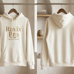 Custom Off White Hoodie with Gold Logo – custom manufactured by Ravix Pro Industry, Sialkot, Pakistan
