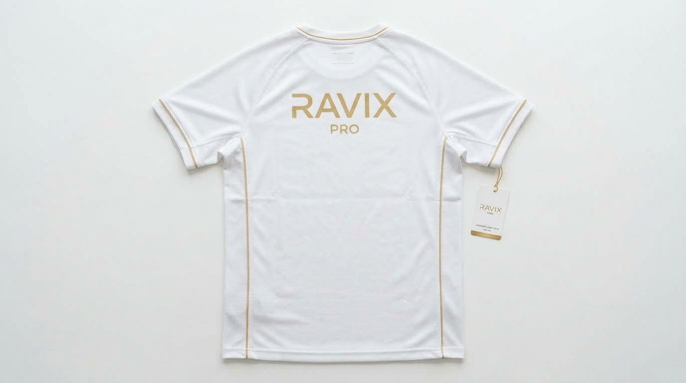 Custom White Padel Shirt with Gold Trim – view 2 Custom White Padel Shirt with Gold Trim – alternate view, made by Ravix Pro Industry, Sialkot