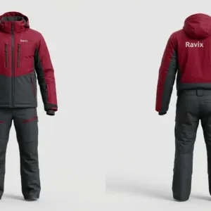Custom Burgundy and Charcoal Ski Jacket and Pants Set by Ravix Pro Industry, ski wear manufacturer in Sialkot, Pakistan