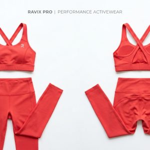 Custom Coral Red Activewear Set – custom manufactured by Ravix Pro Industry, Sialkot, Pakistan