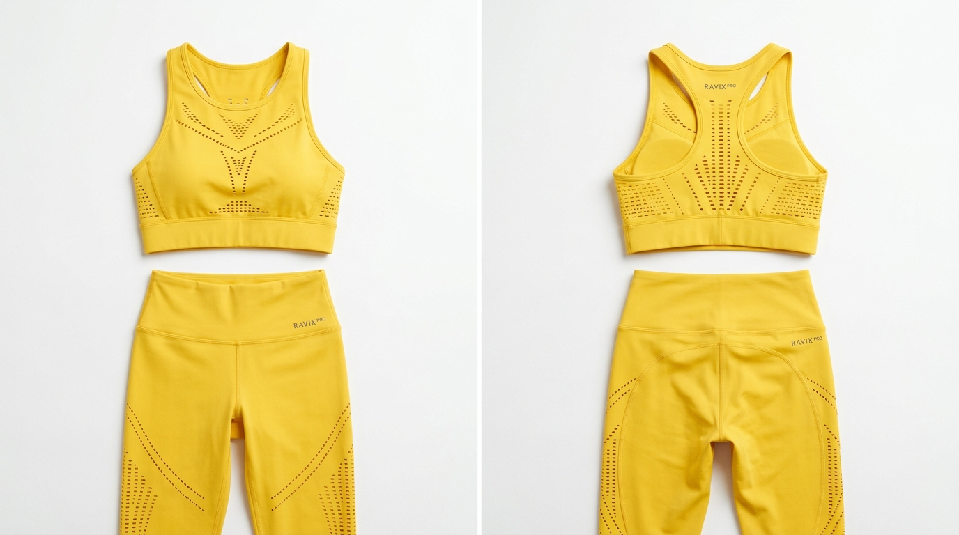 Custom Yellow Laser Cut Activewear Set Custom Yellow Laser Cut Activewear Set – custom manufactured by Ravix Pro Industry, Sialkot, Pakistan