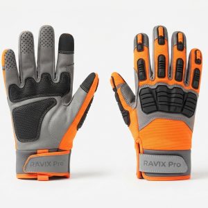Custom Grey and Orange Work Gloves – custom manufactured by Ravix Pro Industry, Sialkot, Pakistan