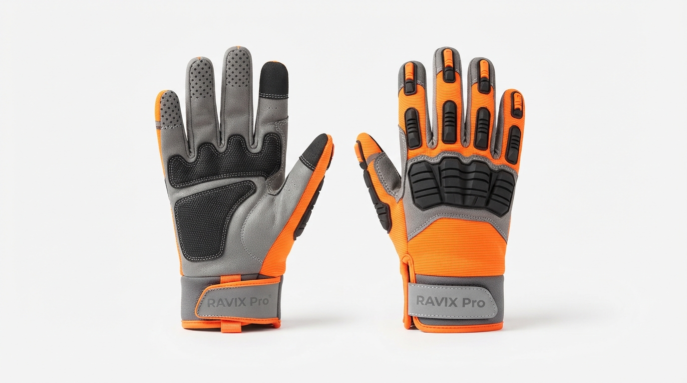 Custom Grey and Orange Work Gloves Custom Grey and Orange Work Gloves – custom manufactured by Ravix Pro Industry, Sialkot, Pakistan