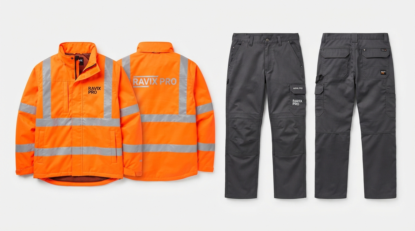 Custom Fluorescent Orange and Charcoal Industrial Workwear Set Custom Fluorescent Orange and Charcoal Industrial Workwear Set – custom manufactured by Ravix Pro Industry, Sialkot, Pakistan