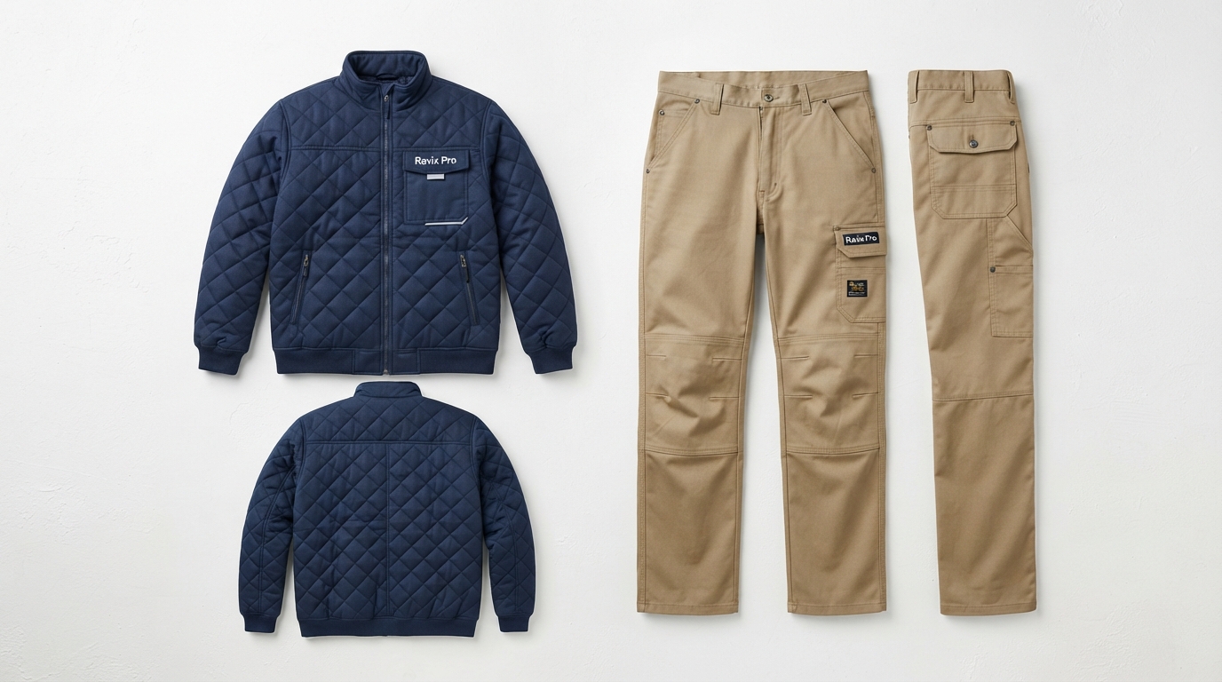 Custom Navy and Khaki Workwear Jacket and Trousers Custom Navy and Khaki Workwear Jacket and Trousers – custom manufactured by Ravix Pro Industry, Sialkot, Pakistan