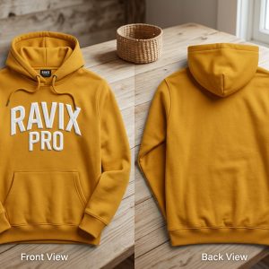Custom Mustard Hoodie with White Logo – custom manufactured by Ravix Pro Industry, Sialkot, Pakistan