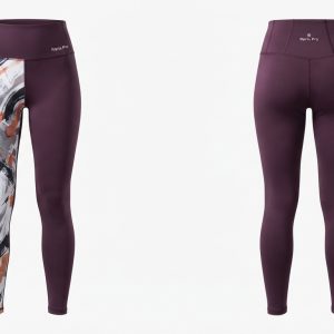 Custom Burgundy Yoga Leggings with Printed Leg Panel – custom manufactured by Ravix Pro Industry, Sialkot, Pakistan