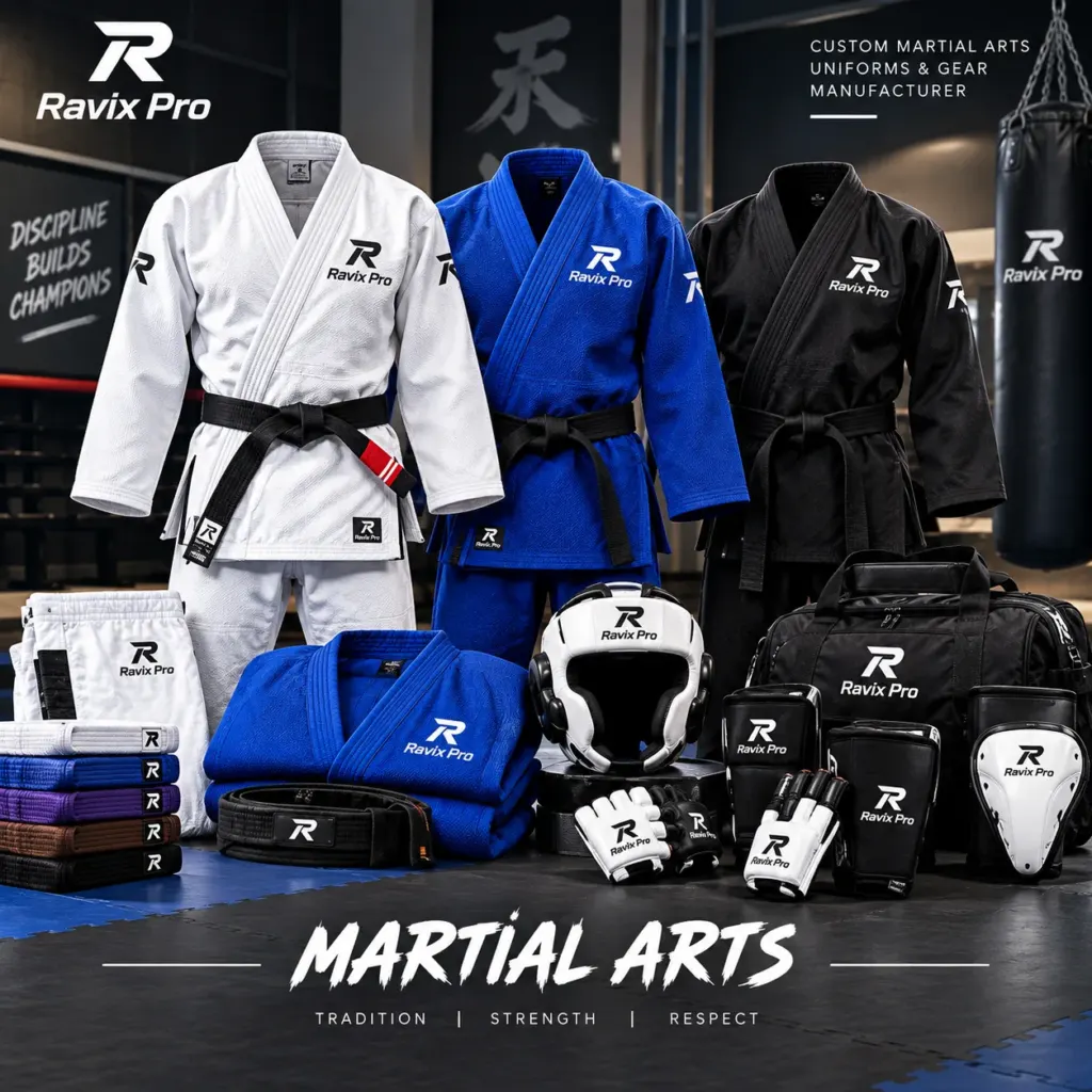 Custom martial arts uniforms made by Ravix Pro Industry in Sialkot, Pakistan